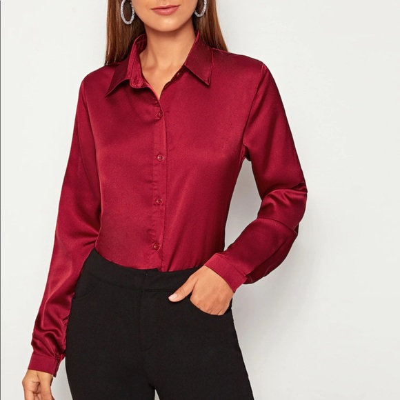 Satin button up blouse collared red 831751 - Picture 2 of 4
